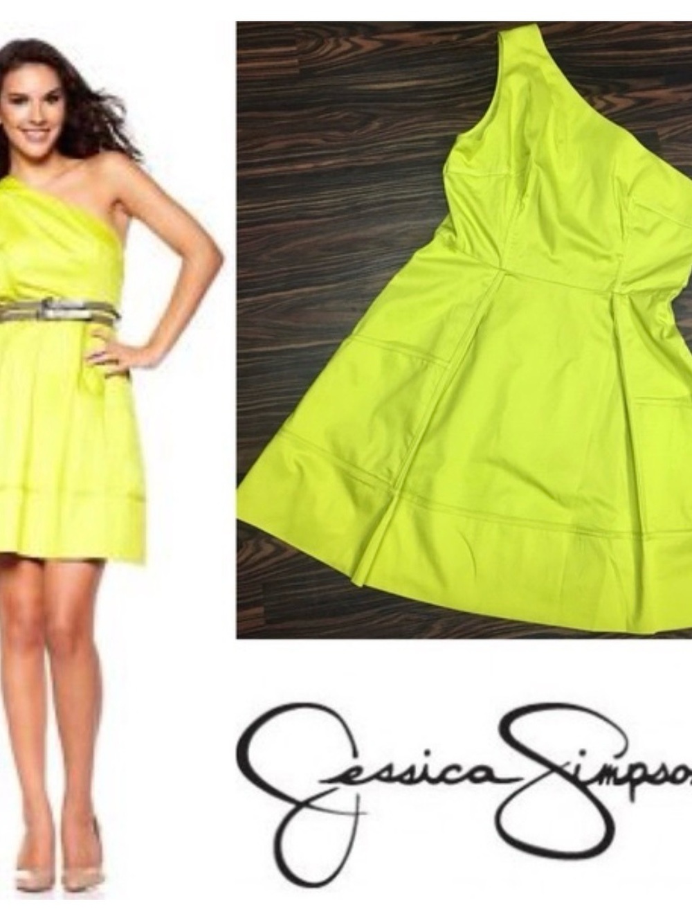 Jessica Simpson Neon Lime One-Shoulder Fit & Flare Dress